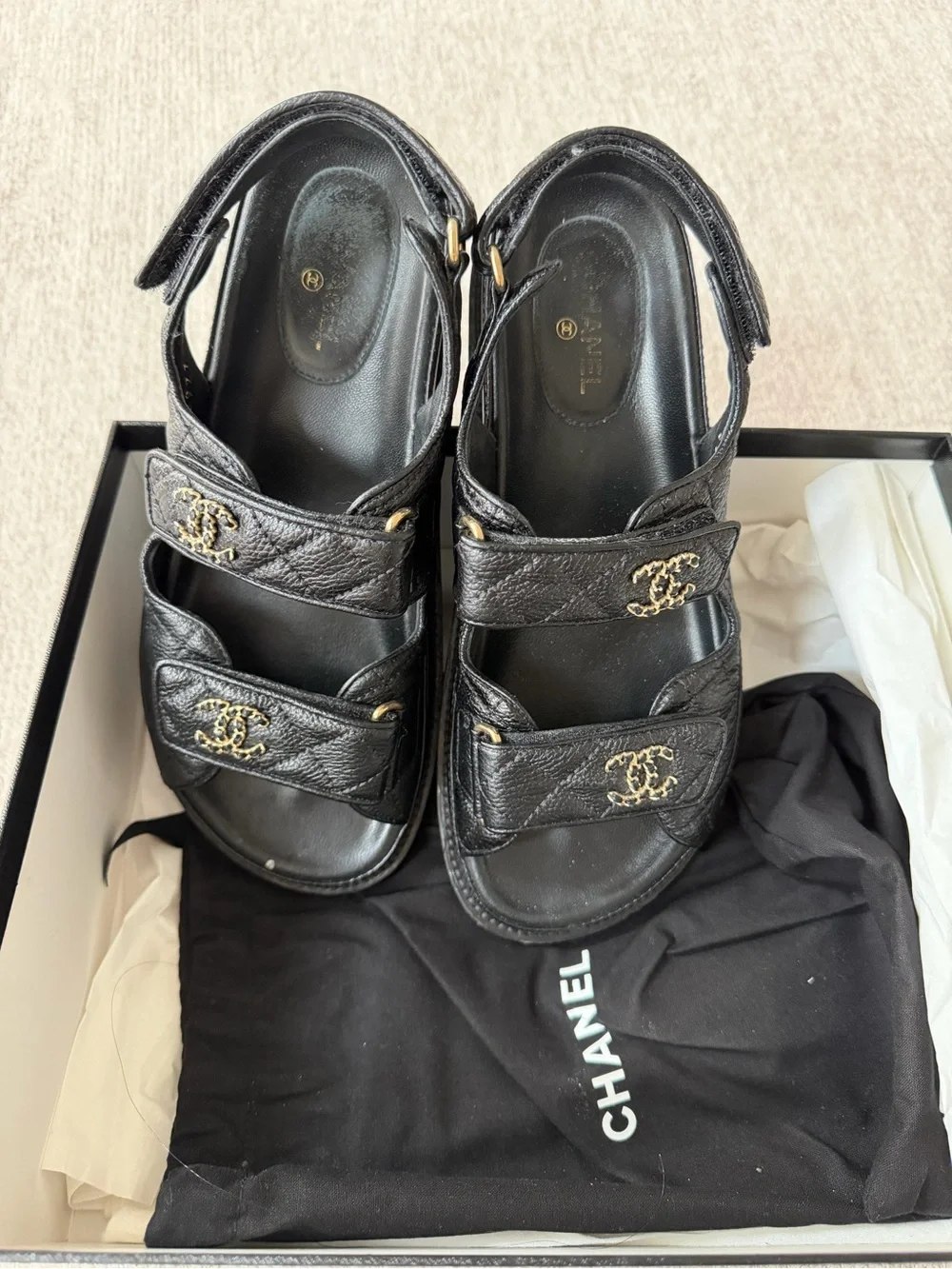CHANEL Black Quilted Leather dad sandal size 38
